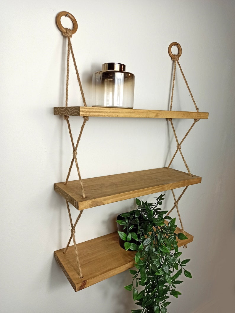 3tier Hanging Shelf Wooden Wall Hanging & Jute Rope Etsy