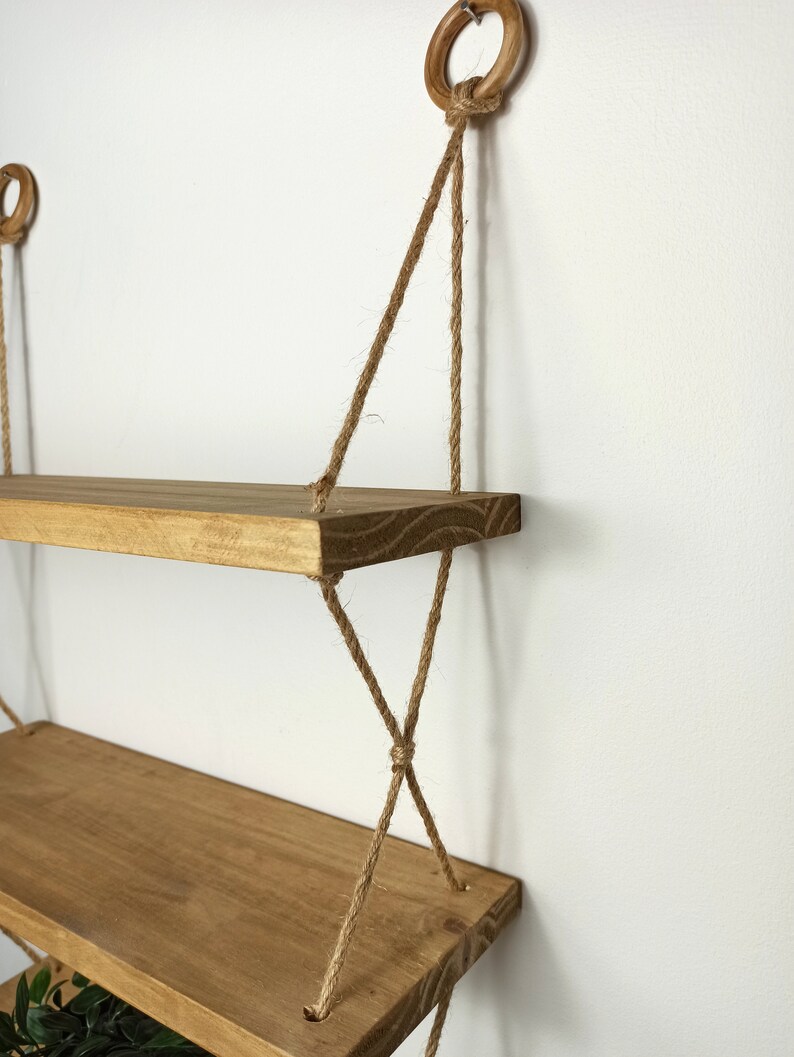3tier Hanging Shelf Wooden Wall Hanging & Jute Rope Etsy