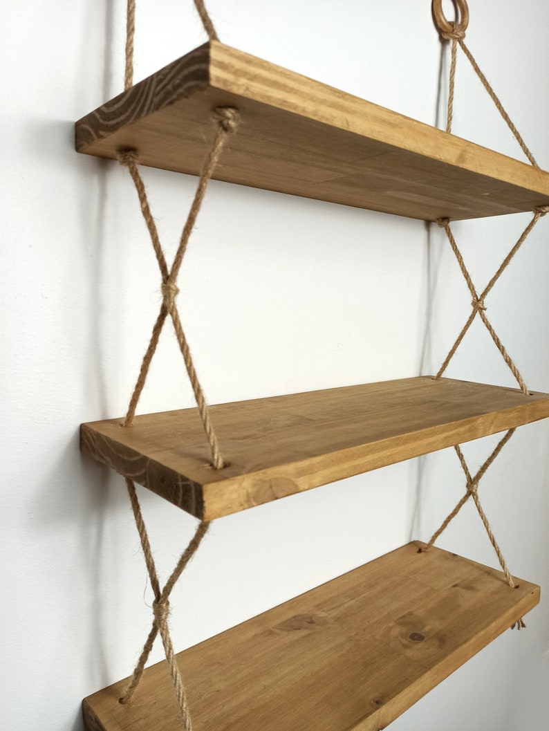 3tier Hanging Shelf Wooden Wall Hanging & Jute Rope Etsy