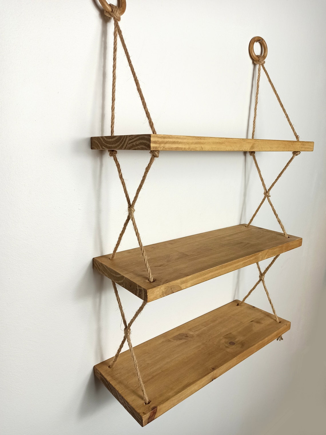 3tier Hanging Shelf Wooden Wall Hanging & Jute Rope Etsy