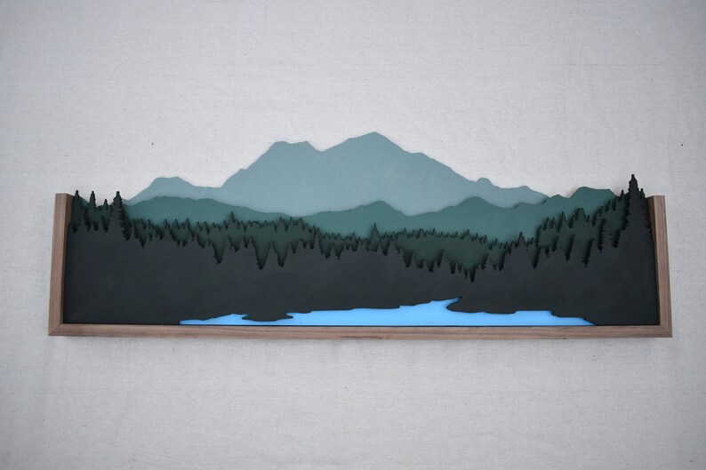 Layered Mountain Scene Wooden Wall Art Pine Trees CNC Cut Green Tones