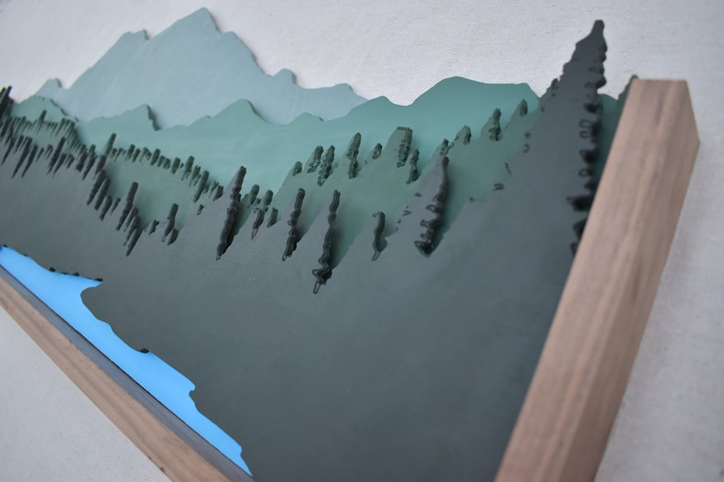 Layered Mountain Scene Wooden Wall Art Pine Trees CNC Cut Green Tones
