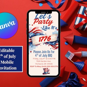 May include: A mobile phone displays a 4th of July BBQ invitation with patriotic graphics. The invitation is surrounded by festive decorations, including gift boxes, ribbons, and firework-themed party favors, all set against a red background.