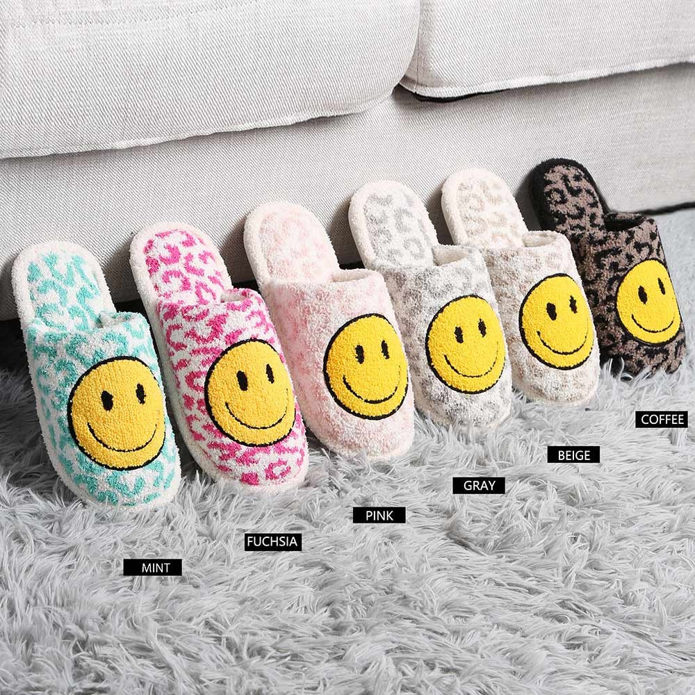 ORGANI Chaussons Smiley pour Femmes, Chaussons en Peluche À Visage Souriant  pour Hommes Et Femmes, Semelle Antidérapante,I-10-10.5Women/9-9.5Men :  : Mode