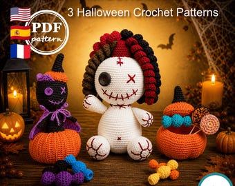 Paquete de patrones de crochet de Halloween - 3 patrones de amigurumi en PDF - Muñeca vudú, calabaza y muñeca espeluznante - Descarga instantánea