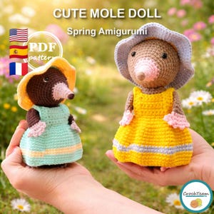 May include: Two crocheted mole dolls, one in a yellow dress and the other in a mint green dress, both wearing sun hats. The dolls have brown bodies, pink noses, and are labeled "Cute Mole Doll" and "Spring Amigurumi".
