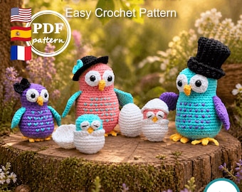 Patrón de ganchillo, amigurumi de familia de búhos, lindo patrón de ganchillo de búho, descarga en PDF
