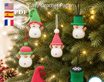 Patrón de ganchillo, adornos navideños de muñeco de nieve, decoraciones de árbol amigurumi, descarga digital en PDF