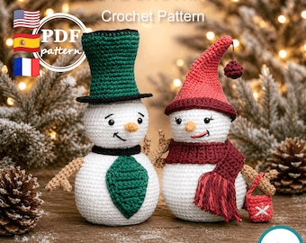 Patrón de ganchillo, muñeco de nieve amigurumi, Emma y Justin, juguete navideño de ganchillo, linda decoración invernal, descarga en PDF