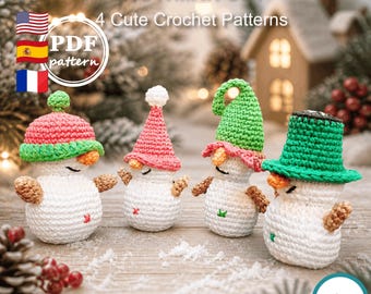Patrón de ganchillo, familia de muñecos de nieve amigurumi, conjunto de 4 muñecos de nieve, ganchillo navideño adorable, descarga digital en PDF