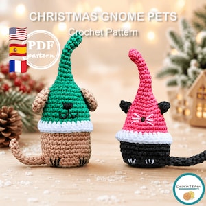 May include: Two crocheted Christmas Gnome Pets, one resembling a dog and the other a cat. The dog gnome has a green hat, tan ears, and a brown body. The cat gnome has a pink hat, black ears, and a black body. The text "CHRISTMAS GNOME PETS Crochet Pattern" is at the top.