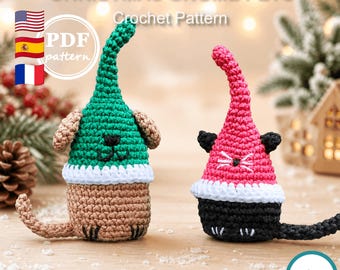 Patrón de ganchillo de gnomo navideño, gato y perro (PDF) - Patrón de ganchillo de mini animal fácil - Descarga digital
