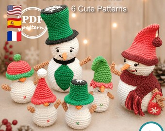 Patrón de ganchillo, familia de muñecos de nieve amigurumi, 6 muñecos navideños, descarga digital en PDF.