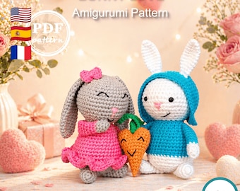Patrón de ganchillo Conejos del Amor - Pareja de conejitos amigurumi en PDF - Regalo de San Valentín - Descarga digital fácil