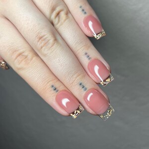 Clear and Gold Press Ons | Gold Flake Press Ons | French Tip Press On Nails | Overlay Press On Nails | Handmade Press Ons