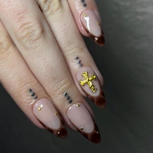 Brown French Press On Nails | Nails | Press On Nails | Brown and Gold Press On Nails | Gold Charm Nails | Handmade Press Ons