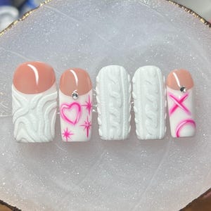 Valentines Press On Nails | Y2K French Tip Nails | 3D Nail Art | Pink & White Press On Nails | Y2K Nails | Handmade Press Ons