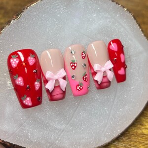 Cute Girly Press Ons | Valentines Vibe Nails | French Tip | Cute Press Ons | Strawberry Press On Nails | Handmade Press Ons