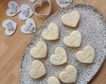 Valentines heart message cookie cutters and embosser set - bake stamp - 3D printed - polymer clay cutter - love valentine&#39;s day