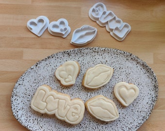Valentines cute set of cookie cutters and embossers - bake stamp - 3D printed - polymer clay cutter - love valentine&#39;s day
