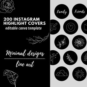 200 Black Instagram Cover Highlights | Minimalist Line Art Canva Designs | Neutral IG Story Highlights | Aesthetic Simple Icons | Fine lines