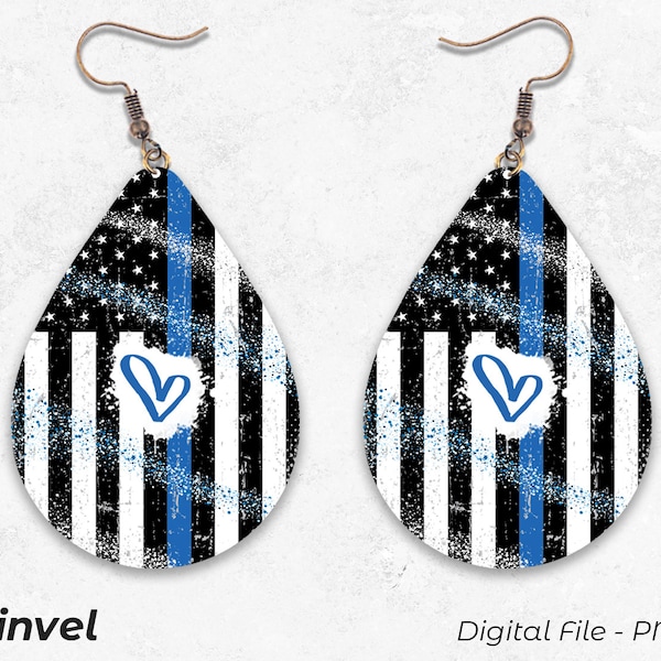 Teardrop Earrings PNG, Sublimation Earring Designs Template PNG, Thin Blue Line Sublimation Design, Digital Download