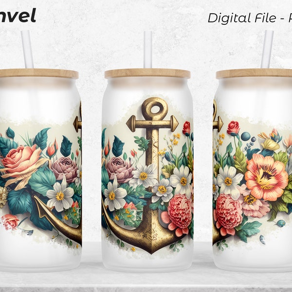 Glasdose, Floral Anker 16oz Glasdose, Nahtlose Gerade Vorlage, Digitaler Download PNG, Sublimationsdesign