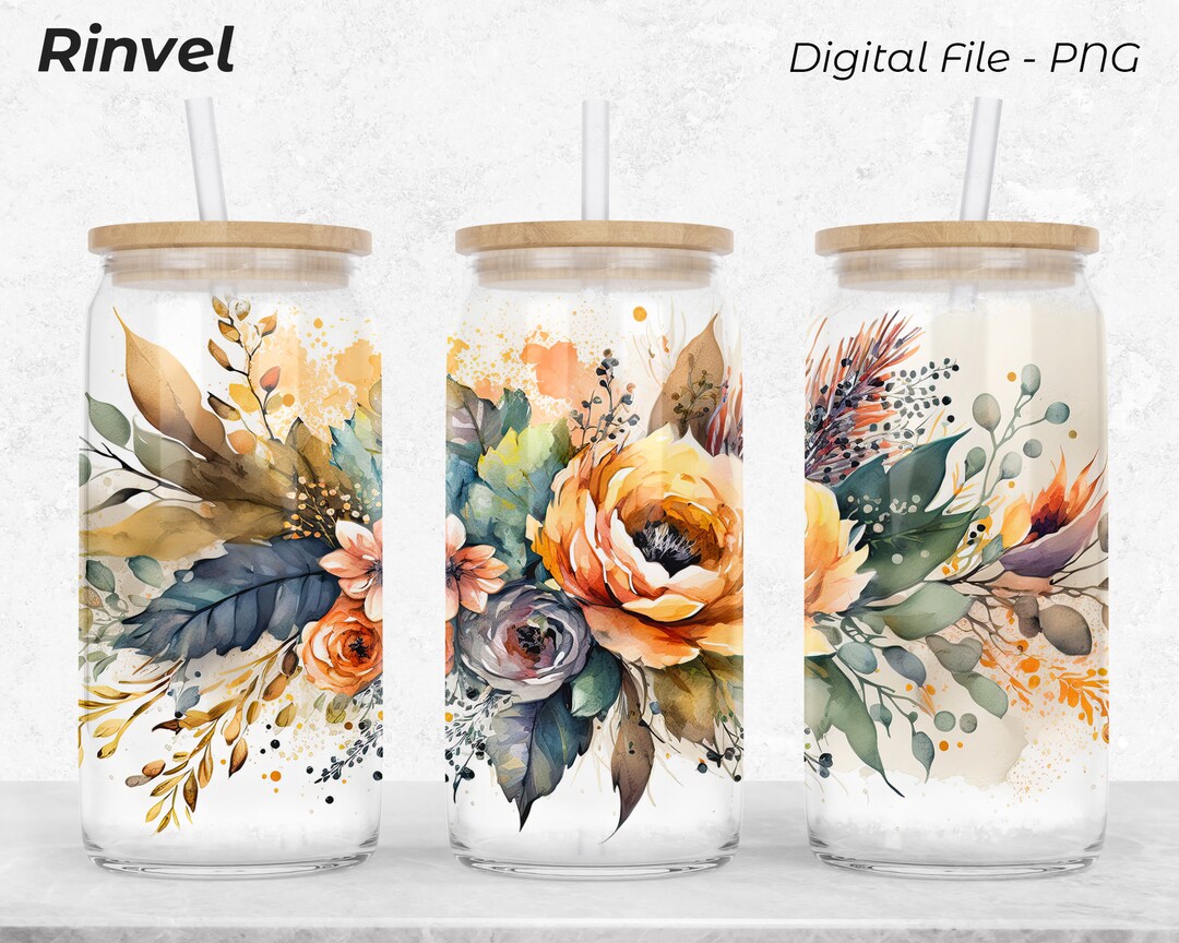 Floral Glass Can, Watercolor Floral Bouquet, 16oz Glass Can Wrap ...