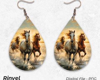 Teardrop Earrings PNG, Horse Earrings, Digital Download PNG, Earrings Sublimation Template, Horse Painting, Earrings Design
