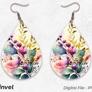 Flower Earrings, Watercolor Floral Sublimation, Teardrop Earrings Design, Digital Download PNG