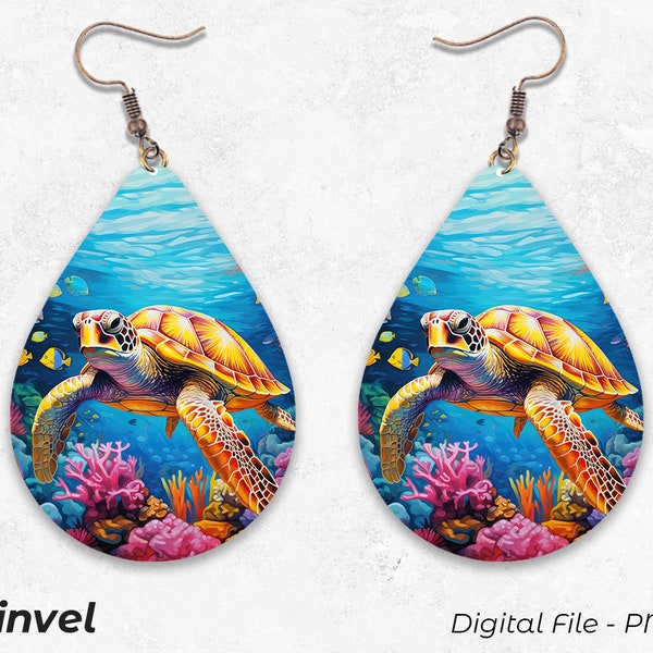 Teardrop Earring PNG, Ocean Turtler Earrings, Digital File, Instant Download, Earrings Sublimation Template