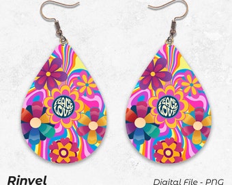 May include: A pair of teardrop-shaped earrings with a colourful psychedelic pattern featuring flowers, swirls, and the words "Peace Love".