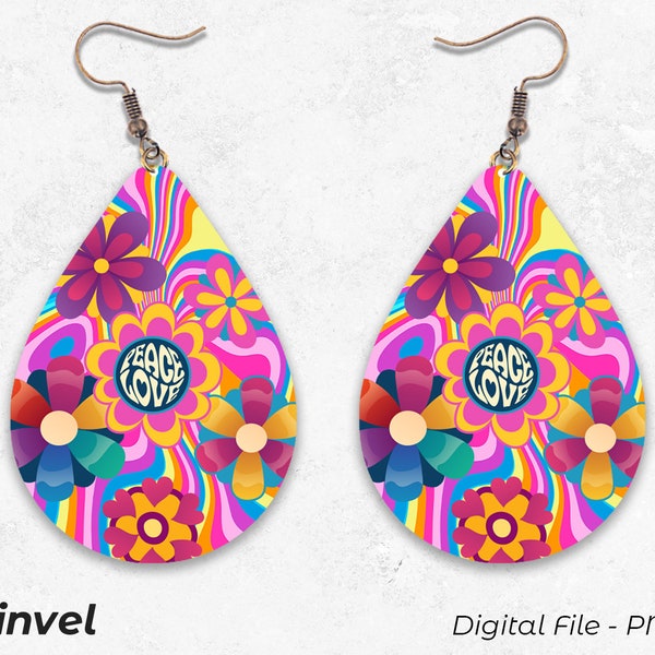 Teardrop Earrings, Hippie Groovy Sublimation Earring Designs Template PNG, Sublimation Design, Digital Download