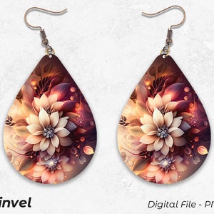 Bloemen oorbellen png sublimatie, bloemen oorbellen Teardrop png, schattige oorbellen ontwerpen, Tear Drop Earring afdrukbare Instant Download