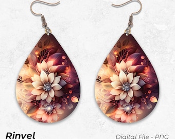 Bloemen oorbellen png sublimatie, bloemen oorbellen Teardrop png, schattige oorbellen ontwerpen, Tear Drop Earring afdrukbare Instant Download