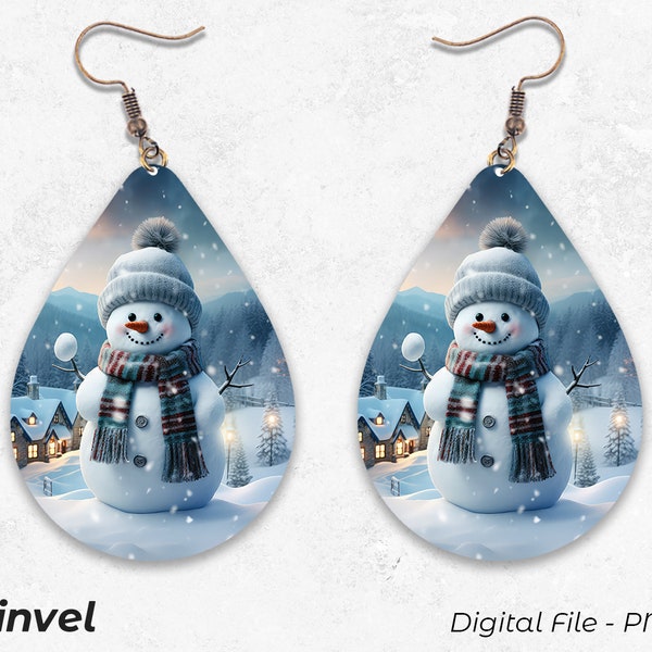 Christmas Gift, Snowman Earrings, Digital Download PNG, Holiday Sublimation Template, Winter Earrings, Teardrop Earrings