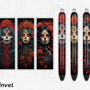 Opakowanie na długopis Sugar Skull, Sugar Skull Woman PNG, Pobieranie cyfrowe, Szablon sublimacji długopisów, Projekt opakowania na długopis
