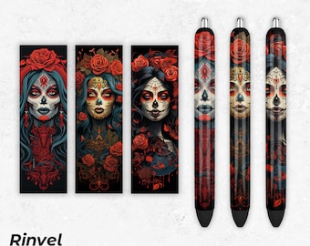 Sugar Skull Pen Wrap, Sugar Skull Frau PNG, digitaler Download, Stifte Sublimation Vorlage, Pen Wrap Design