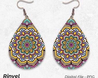 Mandala Earrings Sublimation Design PNG, Teardrop Earring Template, Earring Blanks Designs Printable, Sublimation, Instant Digital Download