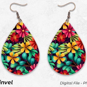 May include: A pair of teardrop-shaped earrings with a floral pattern. The earrings are made of metal and have a silver finish. The floral pattern is in shades of red, yellow, green, and purple.