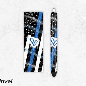 May include: A black and white pen with a blue line and a blue heart design. The pen has a thin black cap and a silver clip.