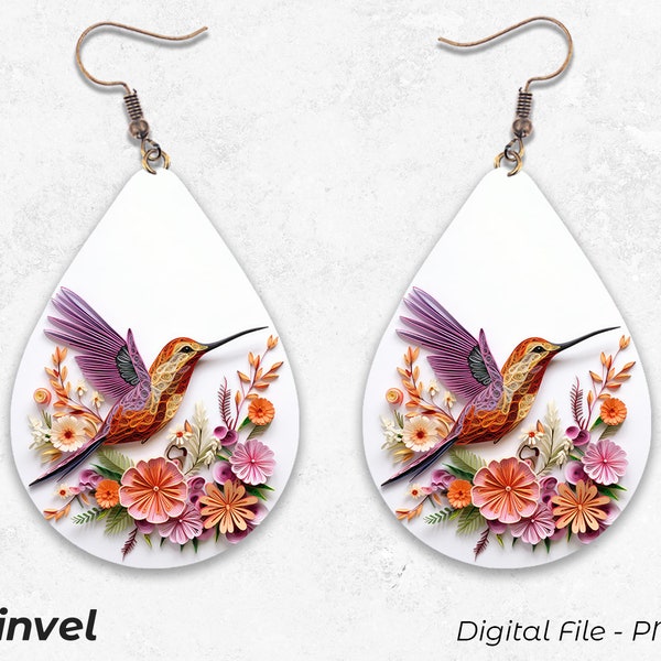 Hummingbird Earrings, Paper Quilling Print, Digital File, Earrings Sublimation PNG, Instant Download, Teardrop Earrings Design