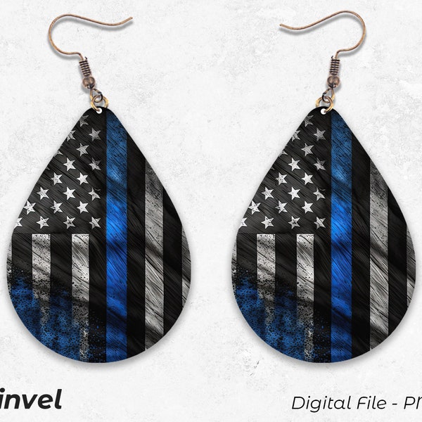 Thin Blue Line Sublimation, Police Teardrop Earrings, Earrings Design, Digital Download PNG