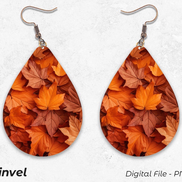 Autumn Leaves Earrings, Fall Leaf Earrings, Digital Download PNG, Sublimation Template, Earring Design, Teardrop Earrings