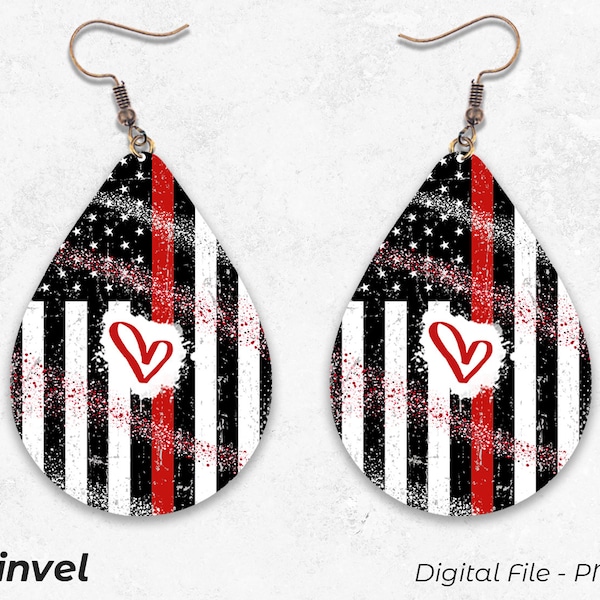 Firefighter Earrings PNG, Firefighter Wife, Thin Red Line, Sublimation Teardrop Earring Designs Template PNG, Instant Digital Download