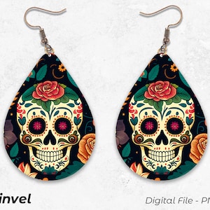 Skull Earrings, Sugar Skull Teardrop Earrings, Sublimation Design, Digital Download PNG