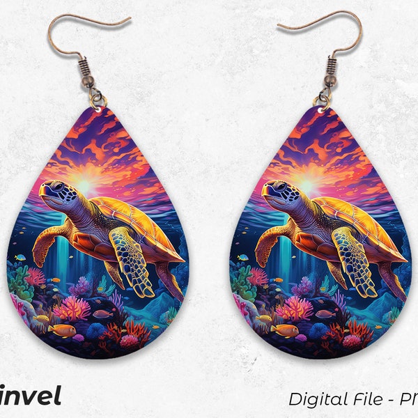 Ocean Turtle Earrings, Teardrop Earrings Design, Digital Download PNG, Earrings Sublimation Template