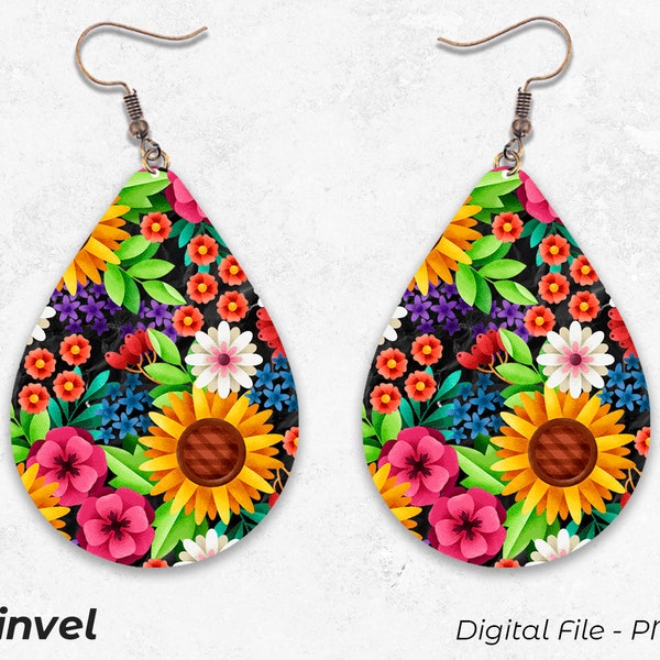 Flower Sublimation Teardrop Earring Designs Template PNG, Instant Digital Download