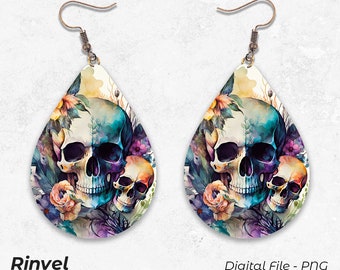 Watercolor Skulls And Flowers Teardrop Earrings, Earrings Design, Sublimation PNG, Digital Download