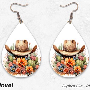 Succulent Earrings PNG, Cowboy Hat Earrings, Teardrop Earrings Design, Digital Download PNG, Succulent Sublimation Template